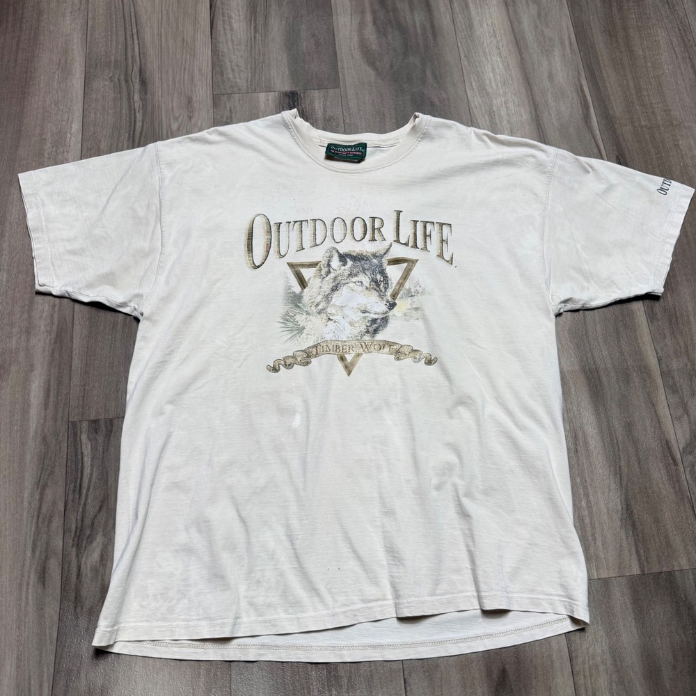 Outdoor Life Timber Wolf Graphic T-Shirt Mens XL Cream Off White Cotton Tee